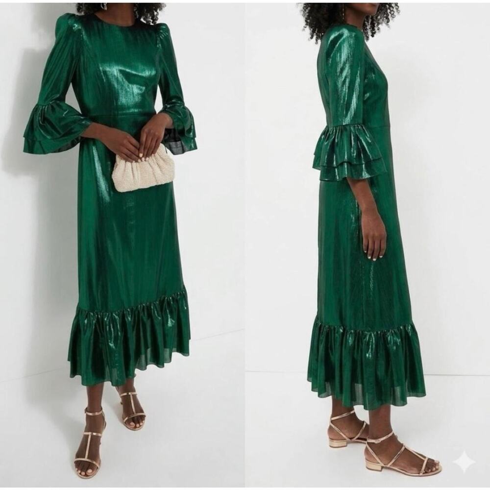 NWT Tuckernuck Pomander Place Lillith Emerald Metallic Pleated Midi Dress S